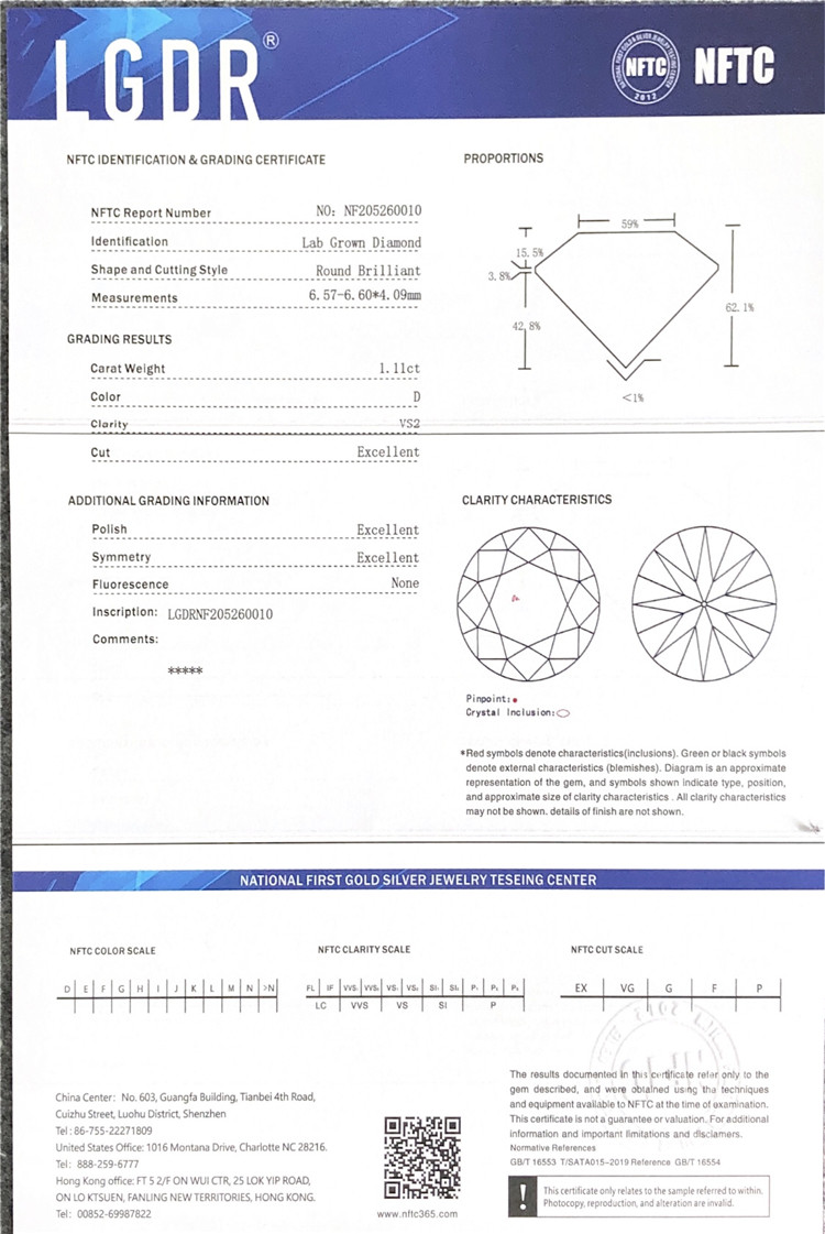 1.11CT D farve VS2 klarhed 3EX syntetiske runde brillantslebne laboratoriedyrkede løse diamanter