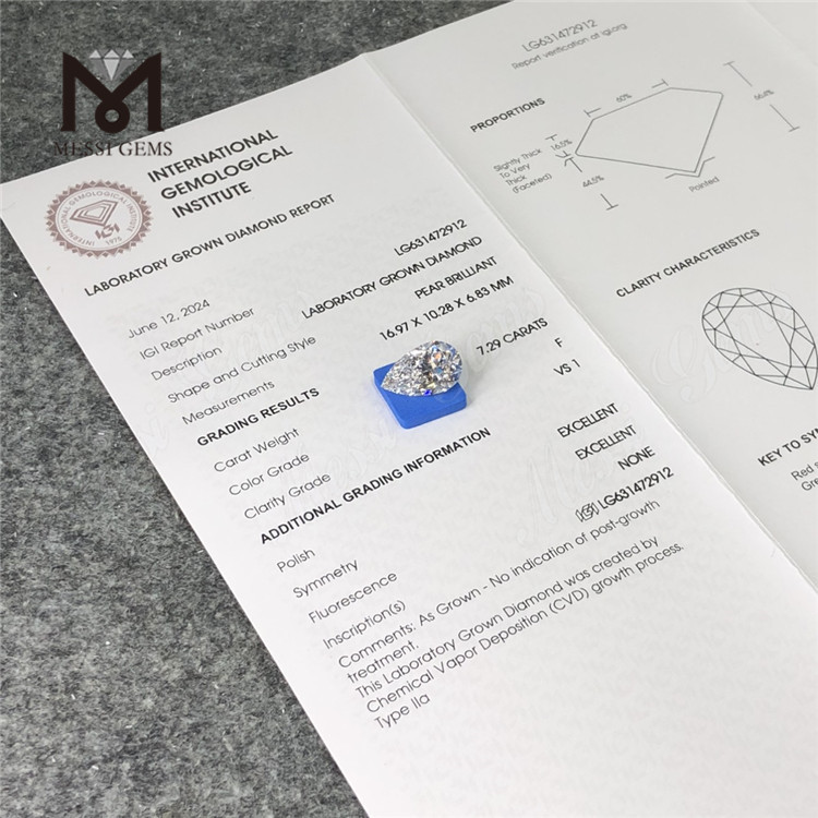 7.29CT F Pære laboratoriedyrket diamant VS1 EX EX CVD LG631472912丨Messigems