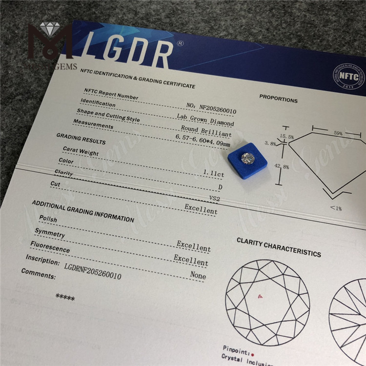 1.11CT D farve VS2 klarhed 3EX syntetiske runde brillantslebne laboratoriedyrkede løse diamanter