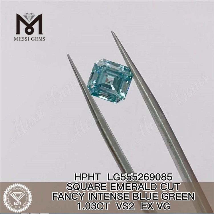 1,03 CT FIRKANT SKALET FANCY INTENSE BLÅ GRØN VS2 EX VG HPHT laboratoriedyrket diamant LG555269085
