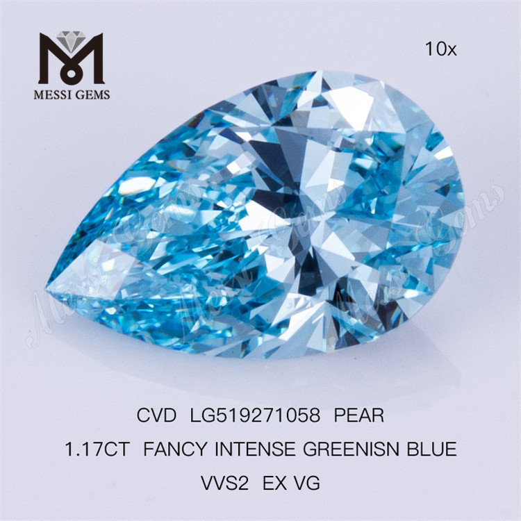 1.17CT FANCY INTENSE GREENISN BLUE VVS2 EX VG PEAR lab dyrket diamant CVD LG519271058