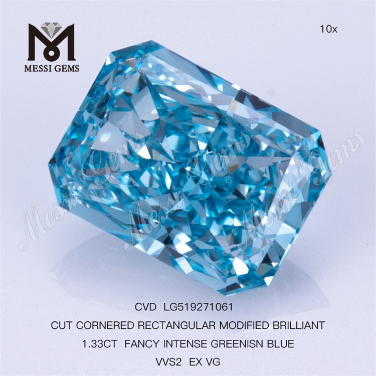 1.33CT FANCY INTENSE GREENISN BLUE VVS2 EX VG RECTANGULAR lab-dyrket diamant CVD LG519271061 