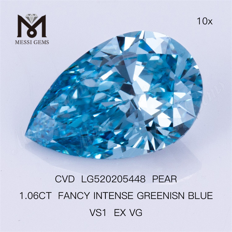 1.06CT PEAR FANCY INTENSE GREENISN BLUE VS1 EX VG lab diamant CVD LG520205448