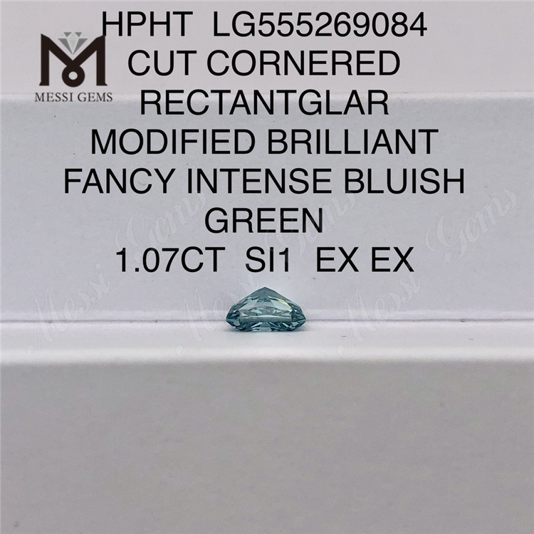 1.07CT RECTANTGLAR FANCY INTENSE BLUISH GREEN SI1 EX EX HPHT laboratoriedyrket diamant LG555269084 