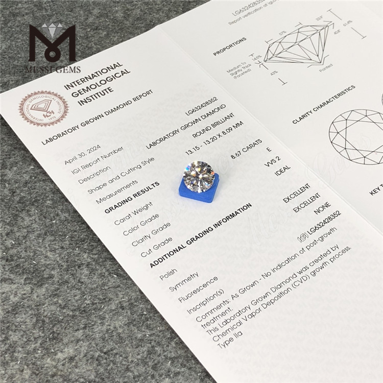 8.67CT E lavet ikke-minerede diamanter VVS2 ID CVD LG632428352丨Messigems 