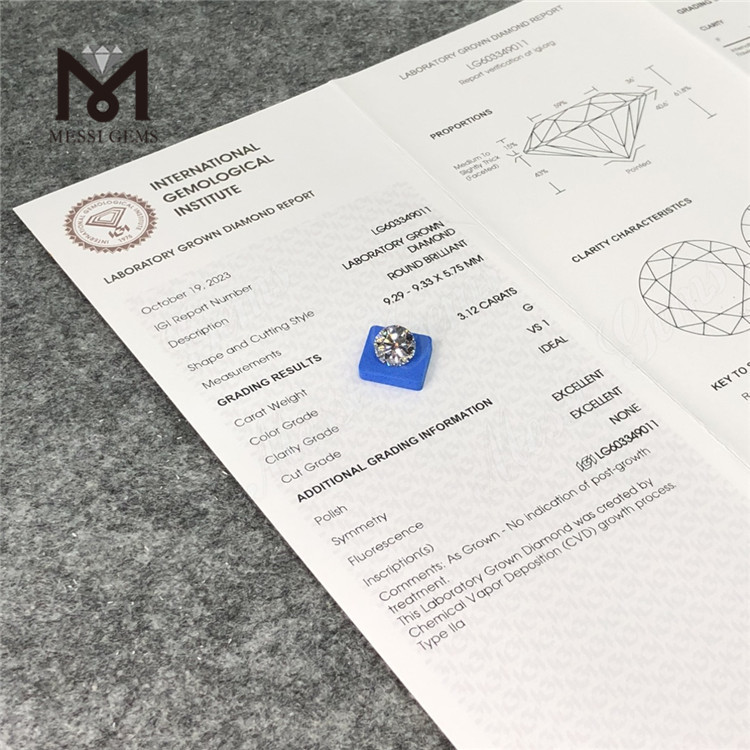 3.12CT G VS1 ID 3ct cvd dyrket diamant LG603349011 Optical Excellence丨Messigems 