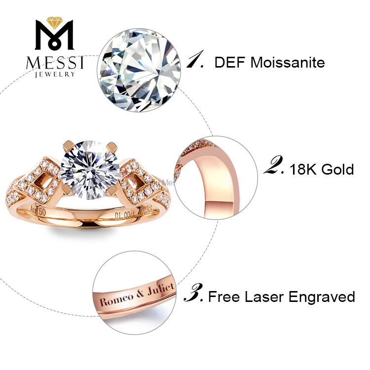 18K rosa guld smykker DEF Moissanite 1 karat forlovelsesring