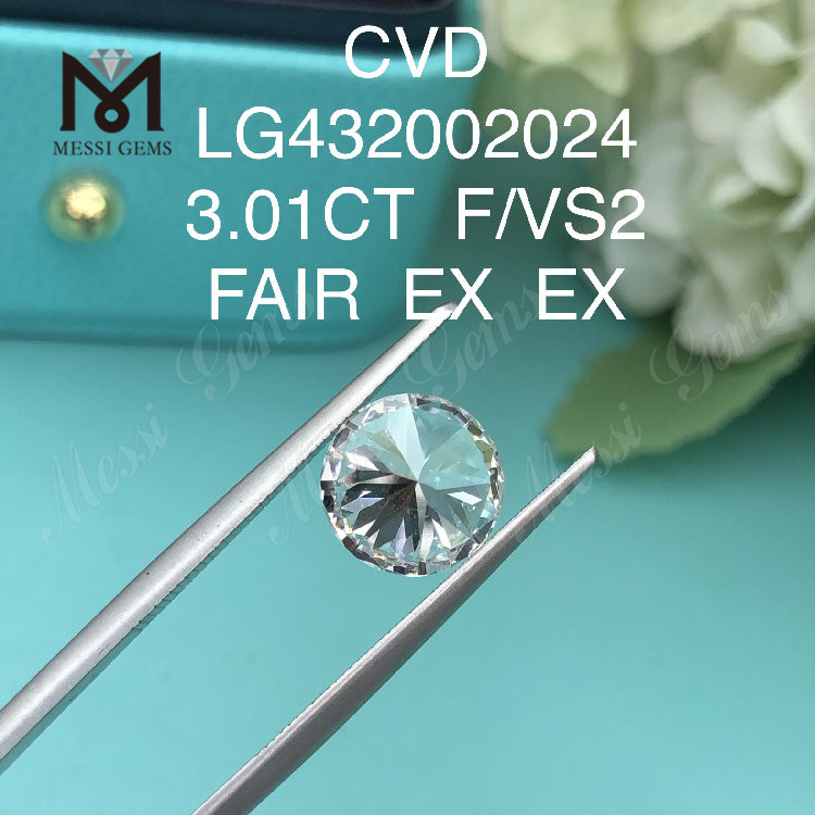 3,01 karat F/VS2 rund laboratoriedyrket diamant EX EX Cvd diamant engros