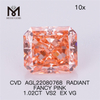 1.02CT RADIANT FANCY PINK CVD diamant VS2 EX VG laboratoriediamant AGL22080768 