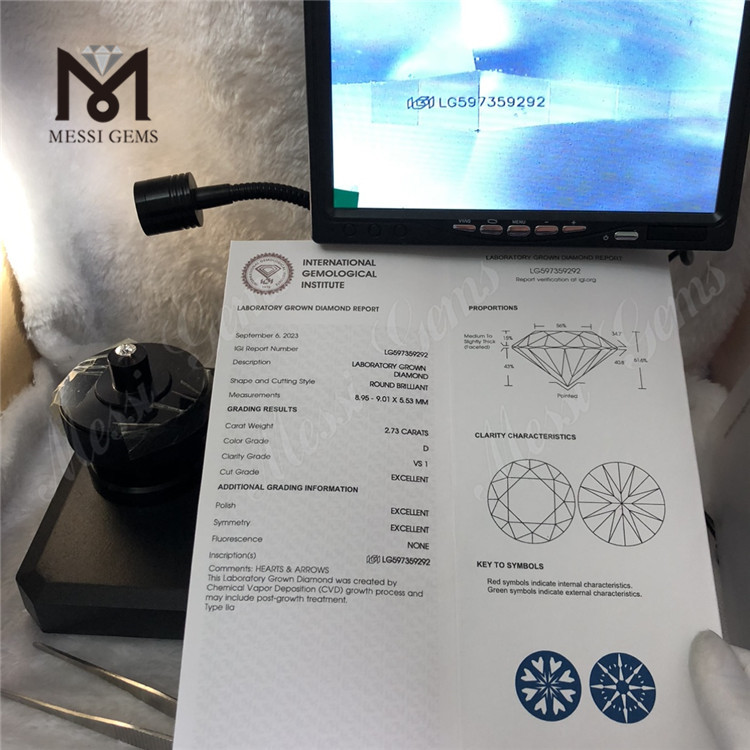 2,73 karat igi-certificerede diamanter D VS1 3EX højkvalitets CVD-diamanter LG597359292丨Messigems