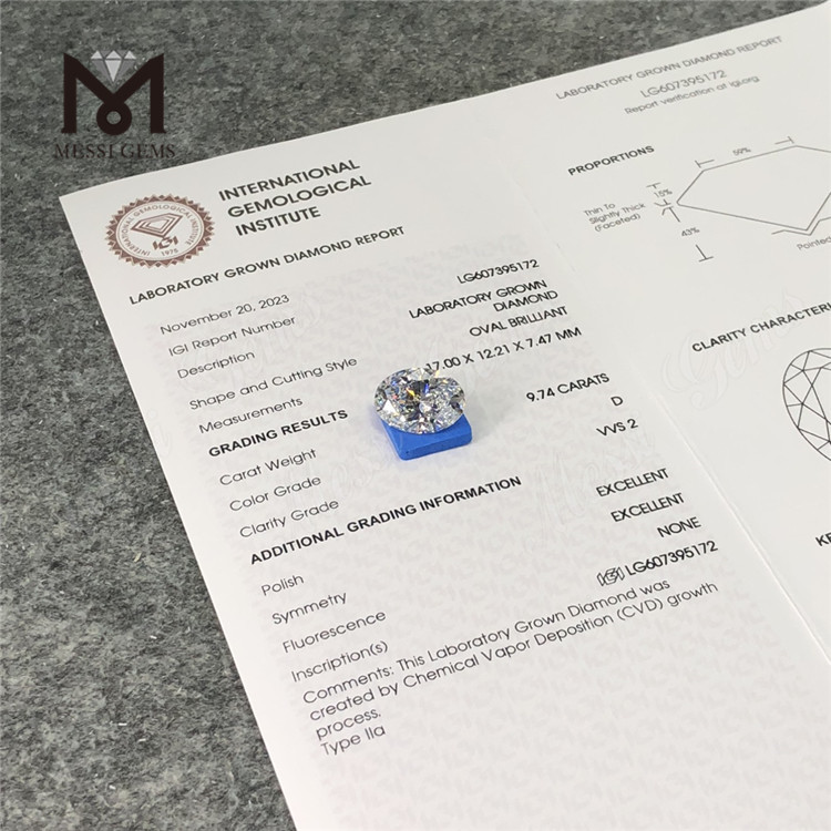 9.74CT D VVS2 OV store laboratorium skabte diamanter CVD LG607395172丨Messigems