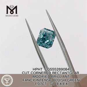 1.07CT RECTANTGLAR FANCY INTENSE BLUISH GREEN SI1 EX EX HPHT laboratoriedyrket diamant LG555269084 
