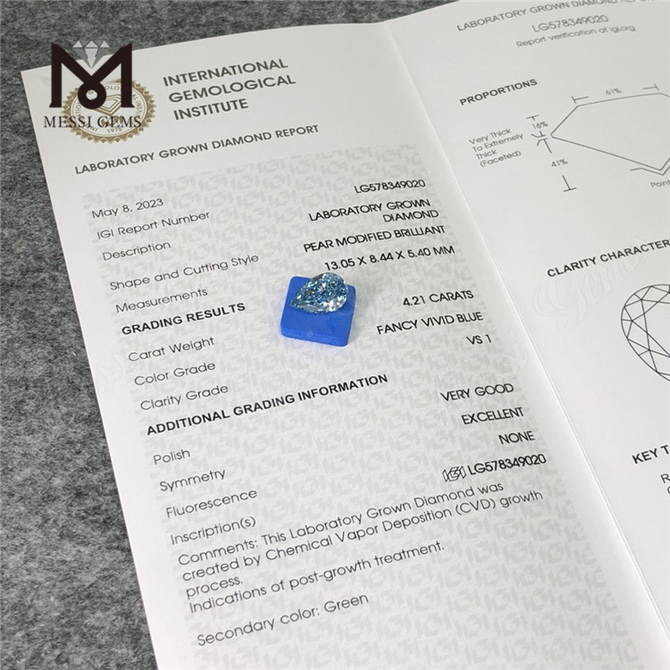 4.21CT VS1 VG EX PEAR FANCY VIVID BLUE billige laboratoriefremstillede diamanter CVD LG578349020