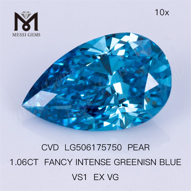 1.06CT FANCY VIVID GREENISN BLUE VS1 EX VG PEAR menneskeskabte blå diamanter LG506175750 