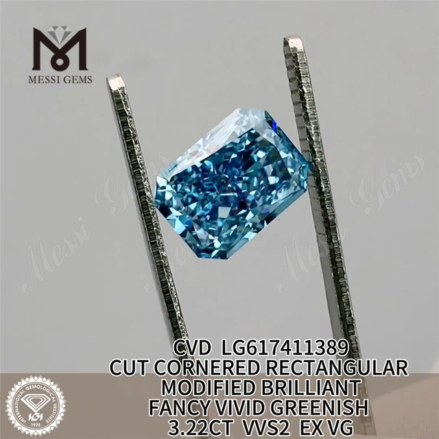 3.22CT REKTANGULÆR SKALET FANCY VIVID GRØNLIG BLÅ VVS2 EX VG CVD Lab diamant LG617411389丨Messigems