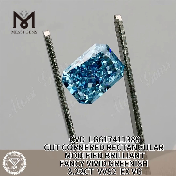 3.22CT REKTANGULÆR SKALET FANCY VIVID GRØNLIG BLÅ VVS2 EX VG CVD Lab diamant LG617411389丨Messigems