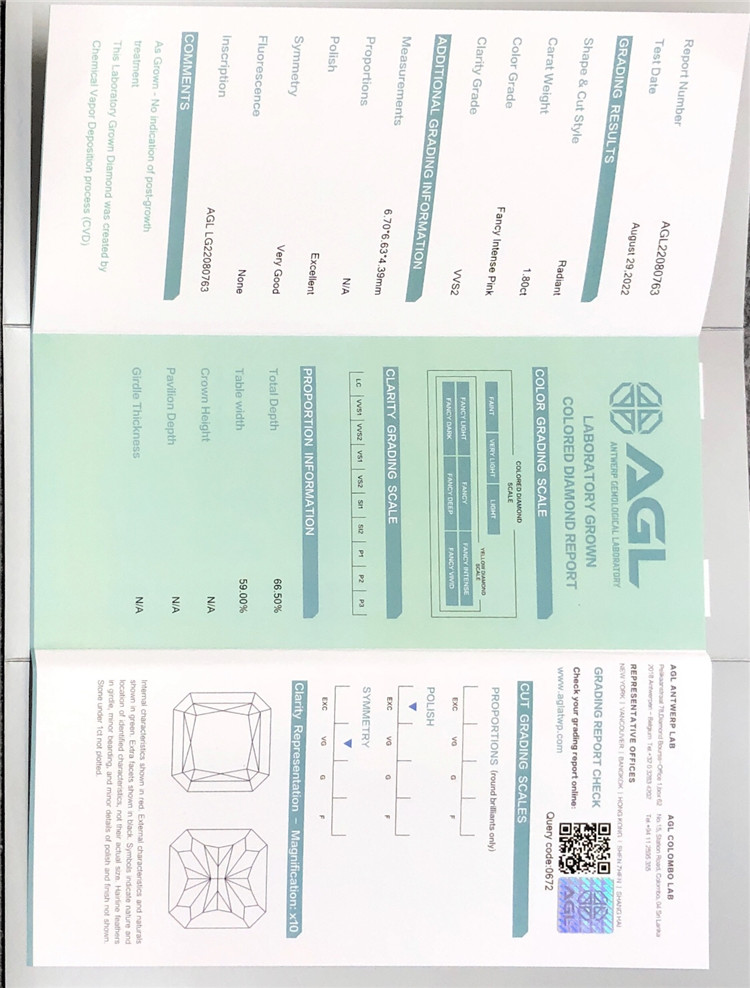 1.80CT RADIANT FANCY INTENSE PINK VVS2 EX VG CVD laboratoriediamant AGL22080763