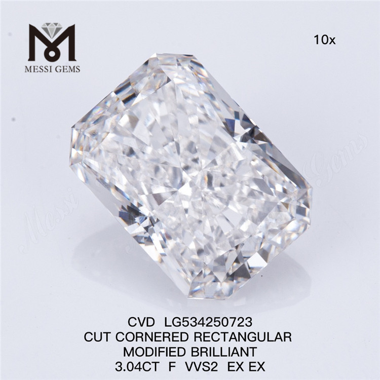 3.04CT rektangulært slebet F VVS2 EX EX højkvalitets menneskeskabte diamanter CVD LG534250723 