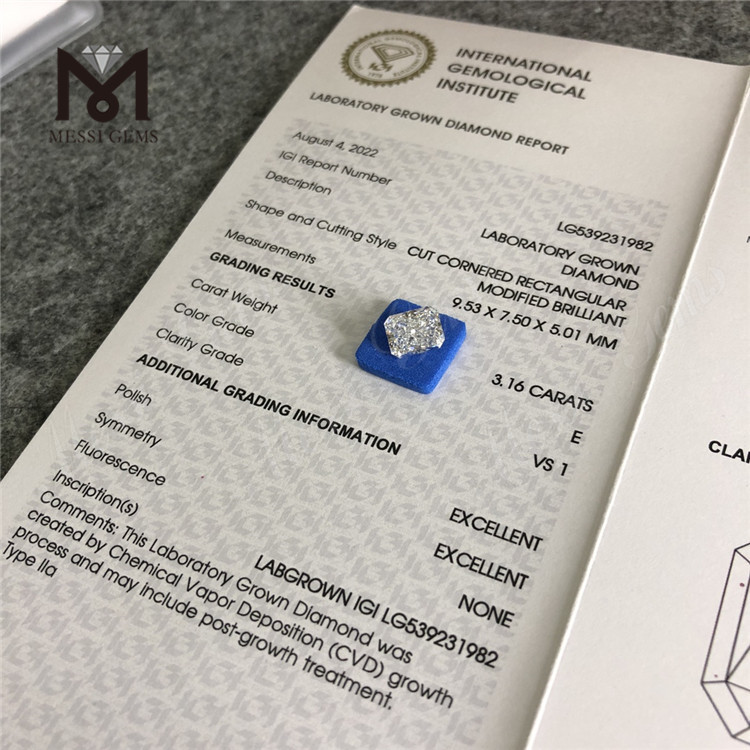 3.16ct E 3ct billig syntetisk diamant REKTANGULÆR hvid løs laboratoriediamant fabrikspris