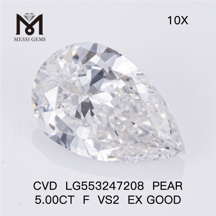 5.00ct F VS2 EX God pæreform, laboratoriedyrket diamant af høj kvalitet