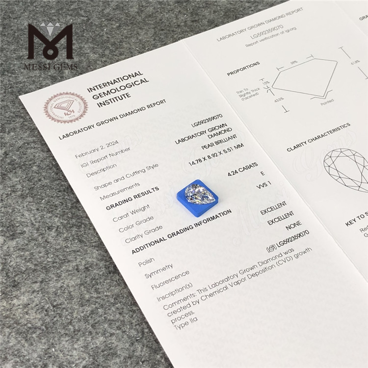 4.24CT pæreskårne IGI Diamond E VVS1 EX EX CVD LG592359070丨Messigems