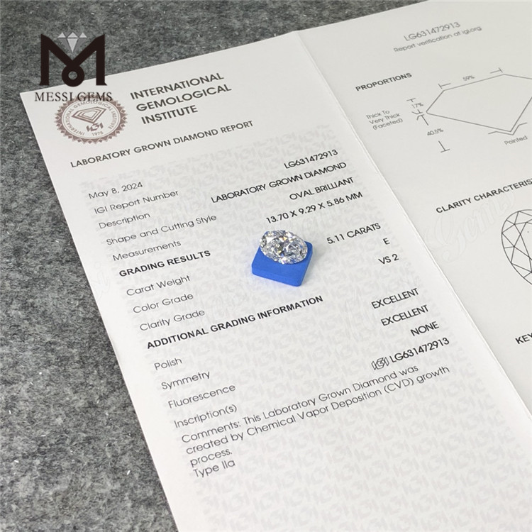 5.11CT E OV VS2 CVD laboratoriefabrikerede diamanter LG631472913丨Messigems